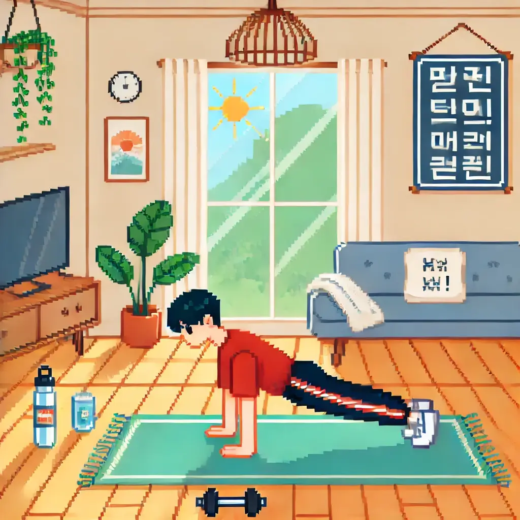 "밝고 아늑한 거실에서 요가 매트 위에 푸쉬업을 하고 있는 운동복 차림의 남성. 옆에는 물병과 작은 화분이 놓여 있고, 벽에는 '꾸준함이 답이다!'라는 문구의 포스터가 걸려 있음. 창문 밖으로 햇살이 비추는 모습이 픽셀 아트 스타일로 표현됨. 맨몸 운동