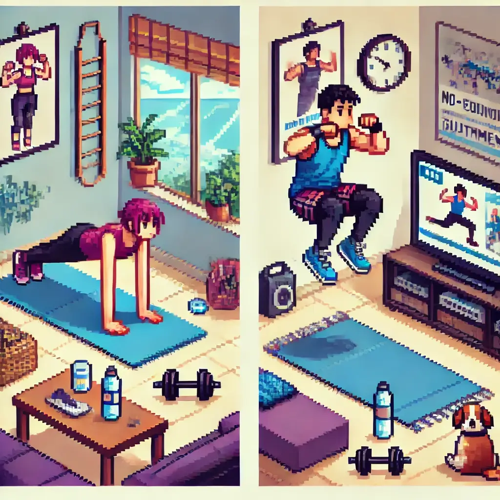 "따뜻하고 아늑한 실내 공간에서 젠더 중립적인 인물이 요가 매트 위에서 플랭크 동작을 수행하고 있다. 옆에는 물병과 수건이 놓여 있고, 벽에는 '지금이 바로 시작할 순간!'이라는 동기부여 문구가 적힌 포스터가 걸려 있다. 캐릭터는 집중한 표정으로 운동 중이며, 배경은 건강한 홈트레이닝 분위기를 따뜻하고 생동감 있게 표현하고 있다."