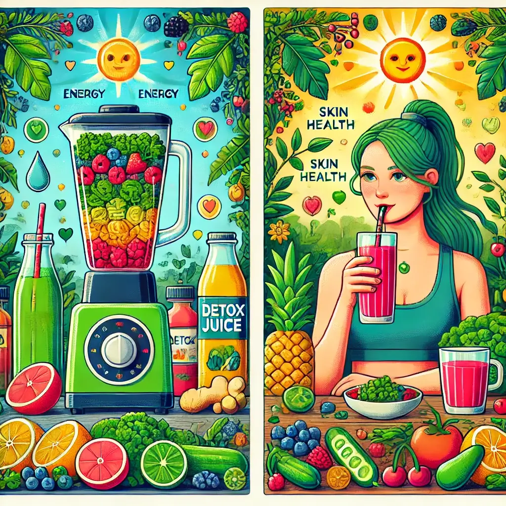 야외 자연 배경에서 활기찬 인물이 핑크색 베리 주스를 마시는 모습. 건강 아이콘들이 떠 있고, 인물의 피부가 빛나며 생기 넘치는 분위기를 표현한 픽셀 아트.