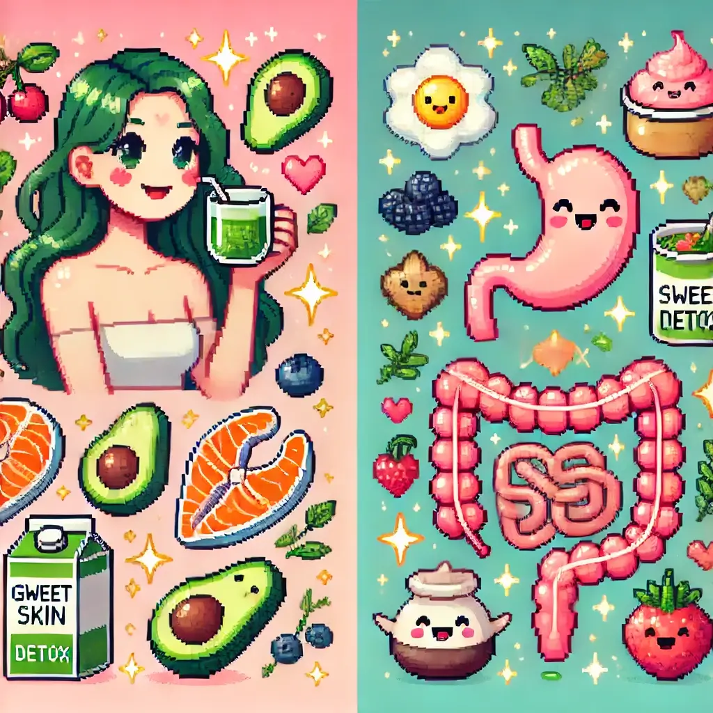 장 모양의 웃는 캐릭터가 김치, 요거트, 된장 등 발효식품으로 둘러싸여 있고 건강한 피부 아이콘과 해독 기호들이 있는 픽셀 아트 이미지