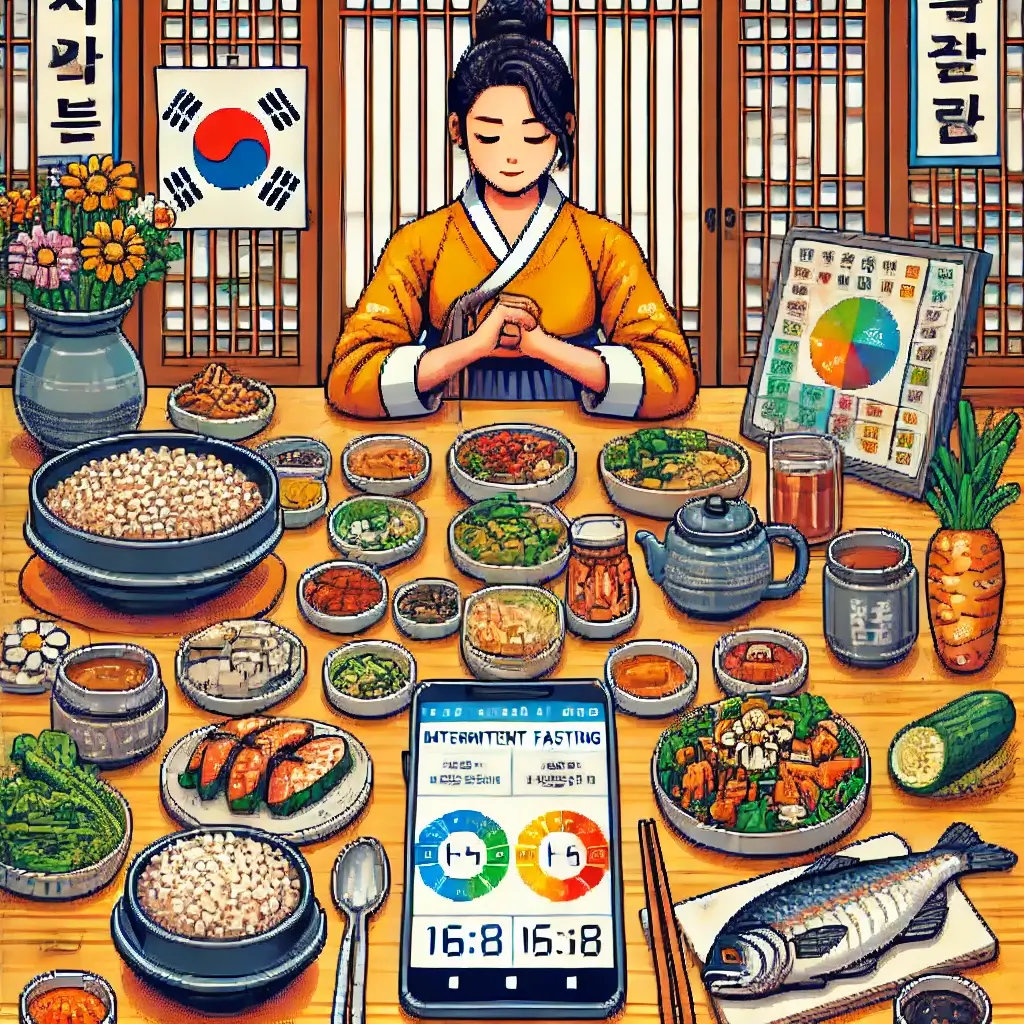 한국 문화 요소와 건강 식단이 조화된 픽셀 아트 이미지. 전통 음식과 단식 시간을 나타내는 시계, 스마트폰 앱 화면, 집중하는 인물, 에너지 넘치는 따뜻한 색감이 특징이다.