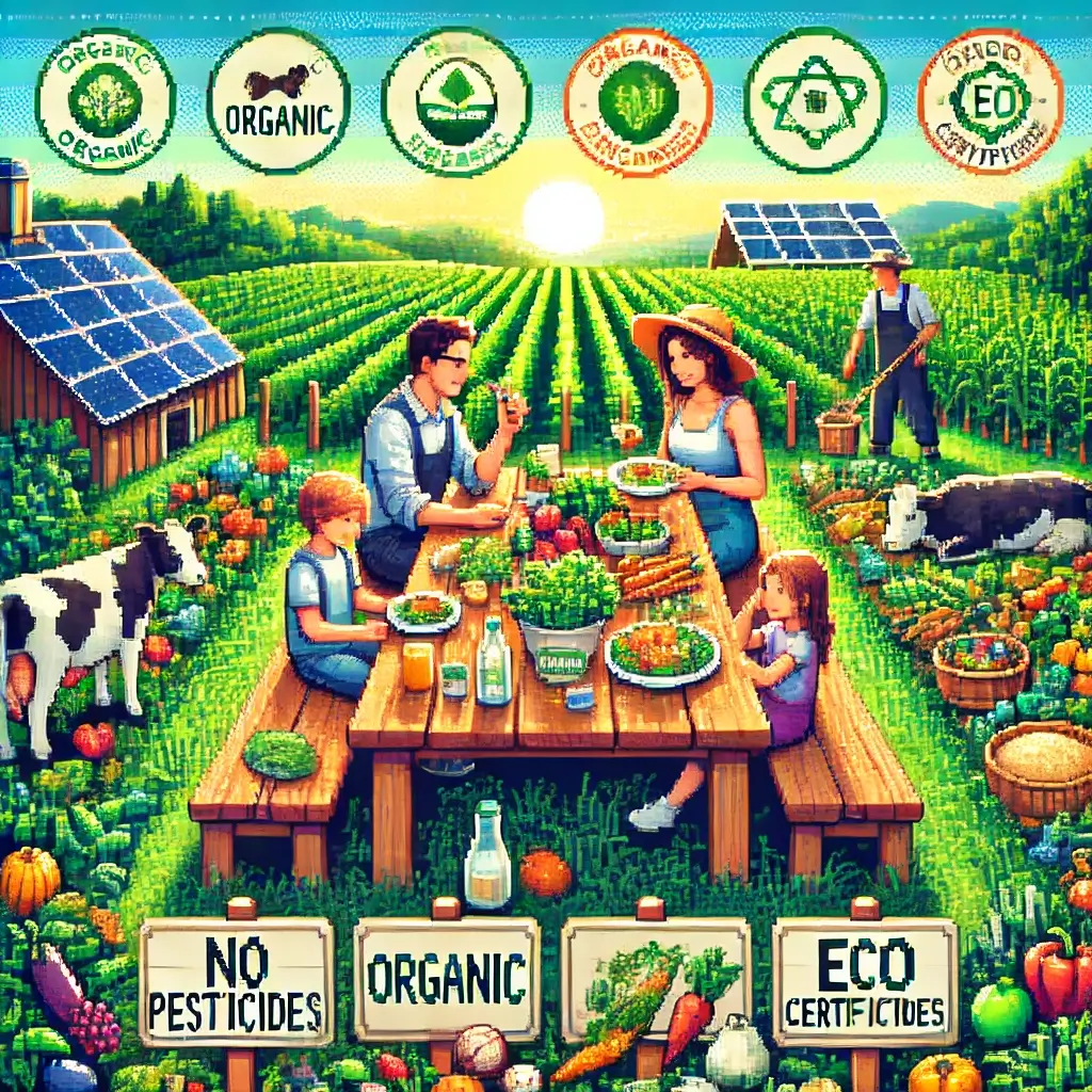 Pixel 아트 스타일의 유기농 식탁 장면. 가족이 나무 식탁에서 유기농 채소와 과일로 만든 식사를 즐기고 있으며, 주변에는 '유기농', '무농약' 표시가 보이고 배경에는 친환경 농장이 펼쳐져 있다.