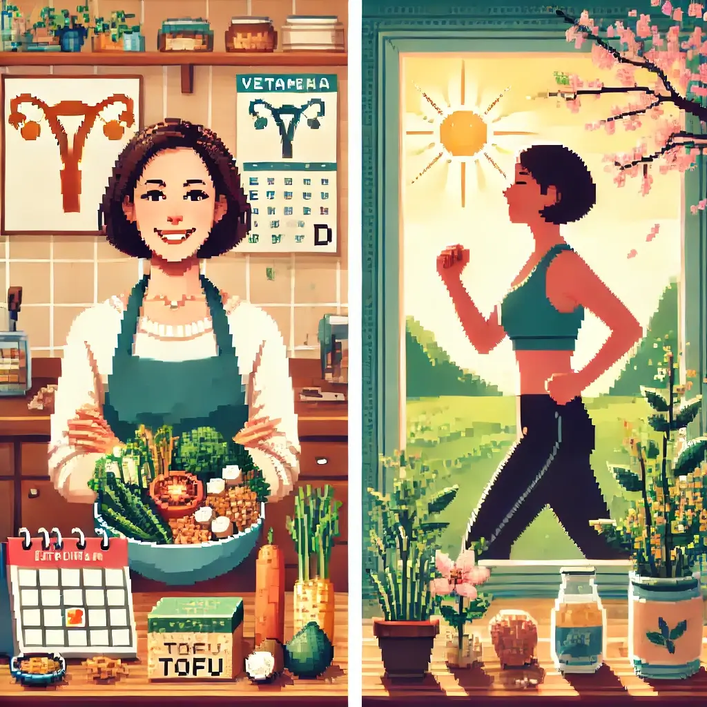 갱년기 여성 필독! 증상 완화 5가지 비법 식단으로 활력 되찾기! 2 건강한 갱년기 식단과 운동을 상징하는 픽셀 아트. 왼쪽은 밝은 주방에서 영양 가득한 식사를 준비하는 중년 여성, 오른쪽은 공원에서 조깅하는 모습.