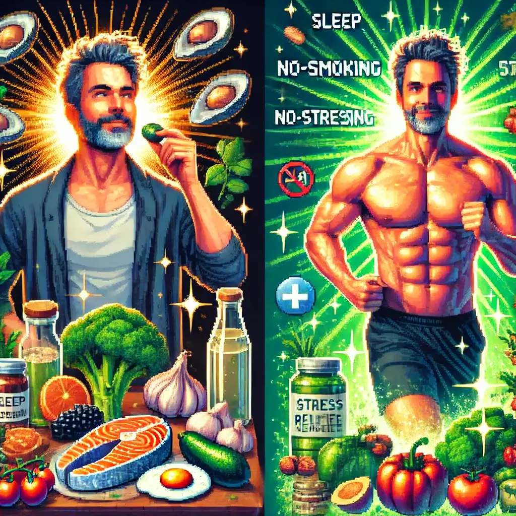 Pixel art of a confident middle-aged man standing in front of a vibrant dinner table with testosterone-boosting foods like oysters, salmon, eggs, and greens, glowing health icons in the background.