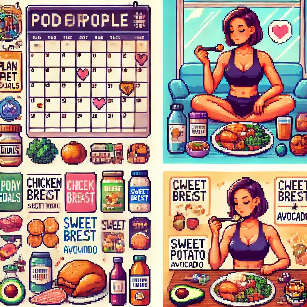 달력 앞에서 바디 프로필 목표를 설정하며 계획을 세우는 사람과 응원 포스터가 있는 픽셀 아트.