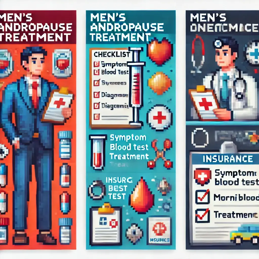 주사기, 혈액검사 튜브, 보험 서류가 포함된 체크리스트를 들고 있는 남성 픽셀 아트—남성 갱년기 치료와 보험 적용을 표현.
